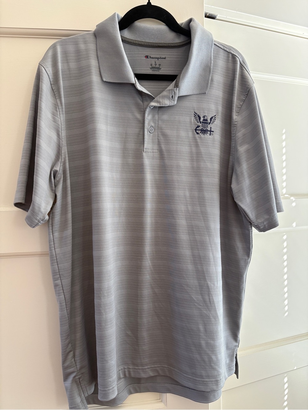 Champion Light Gray Men’s Polo with Embroidered US Navy Eagle and Anchor Logo